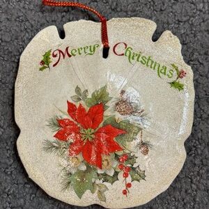 Vintage Merry Christmas Sand Dollar Poinsettia Christmas Ornament 5.25”